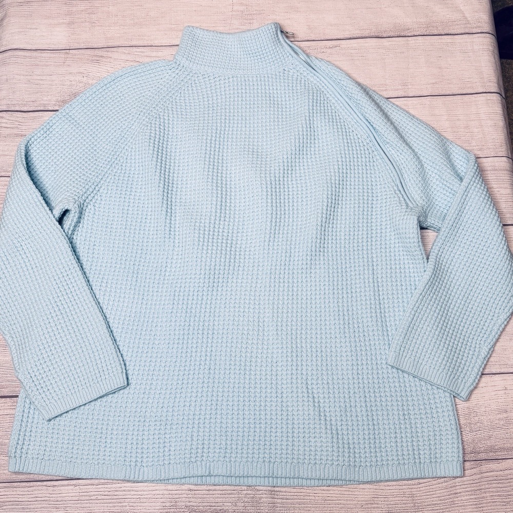 Ann Taylor Weekend Waffle Knit‎ Zip Sweater Mock Neck Blue XL NWT